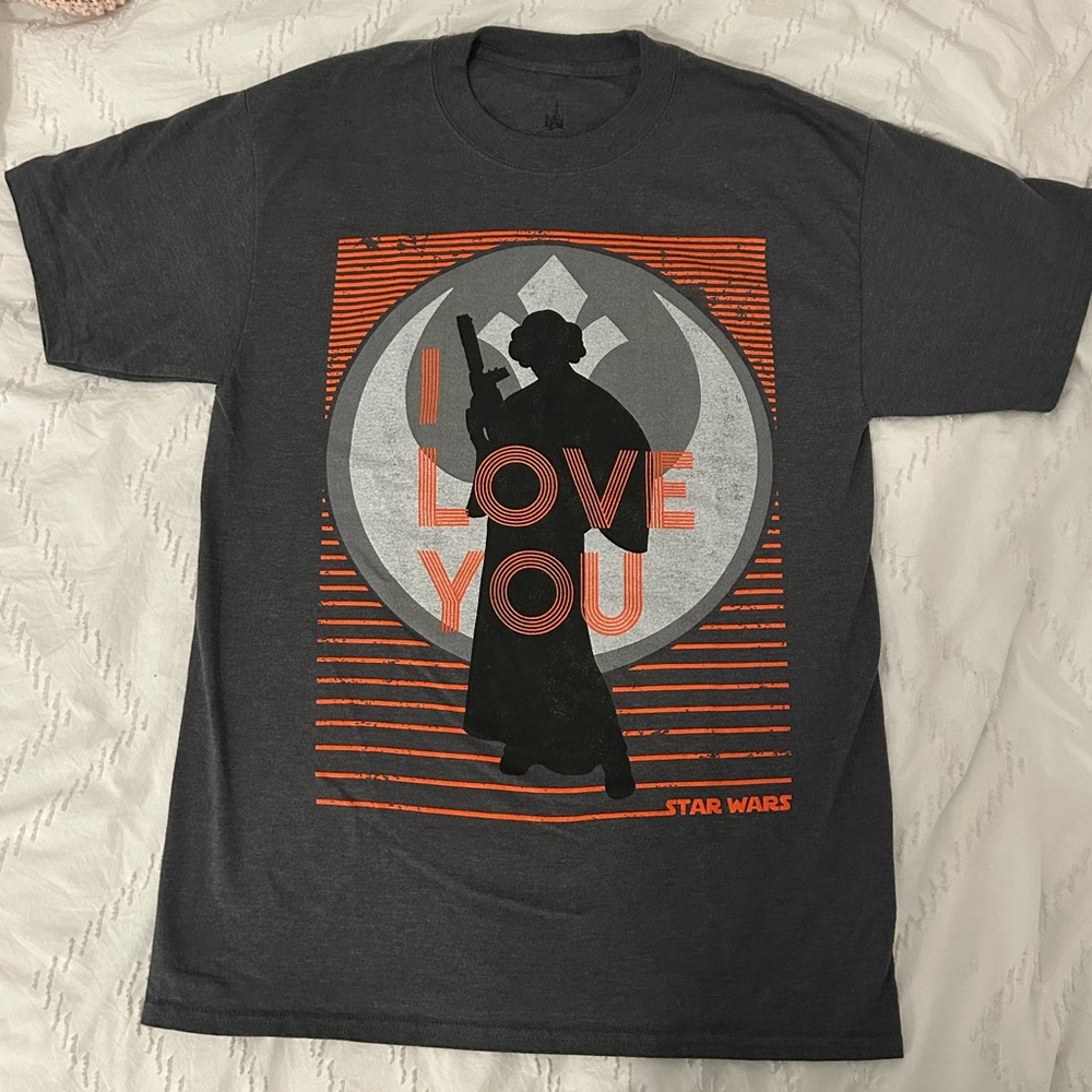 Disney Parks Star Wars Princess Leia I Love You Shirt Sz Medium Gray Orange EUC